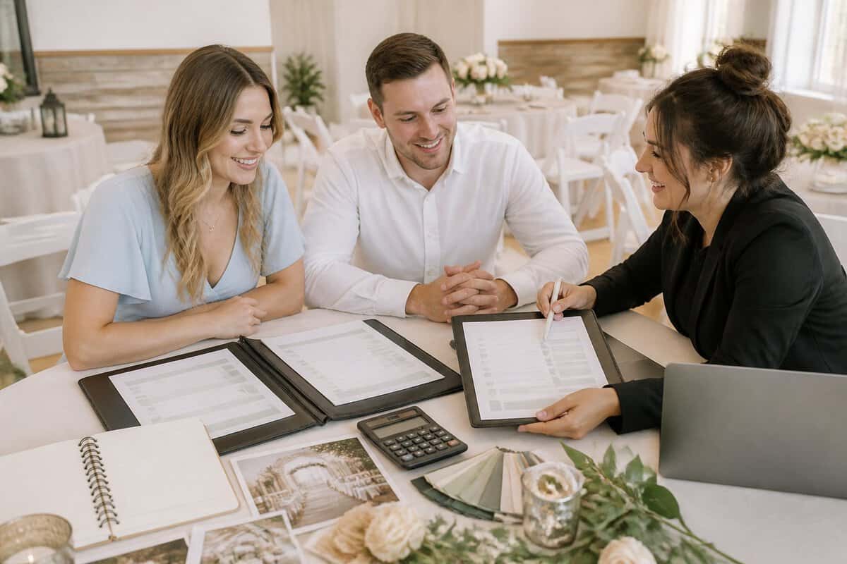 A couple compares wedding venue quotes with a coordinator at a decorated reception venue.
