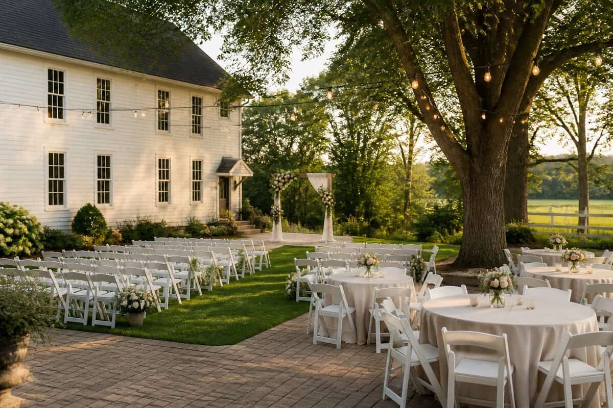 A charming affordable wedding venue with simple outdoor ceremony seating, a floral arch, and a warmly lit reception area.