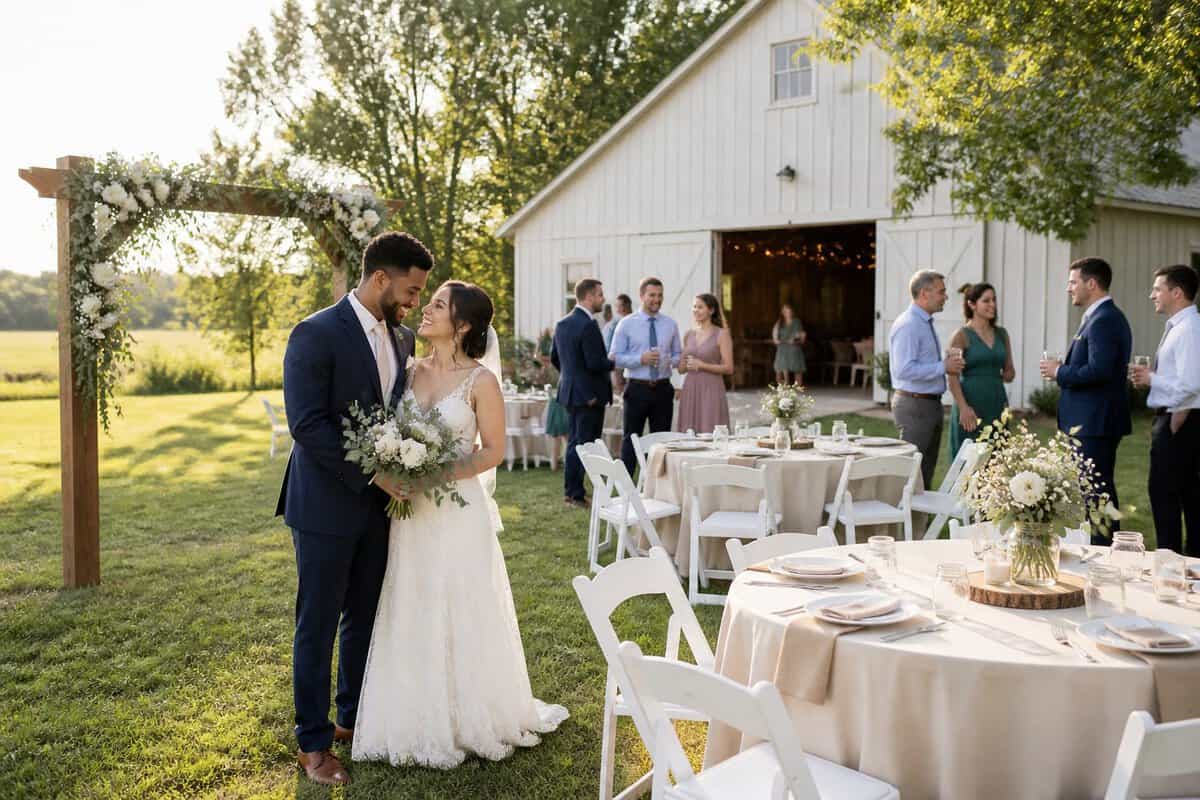 A couple celebrates with family and friends at a simple outdoor wedding venue surrounded by fields and trees.