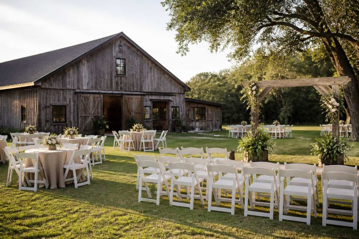 A charming outdoor wedding venue with simple seating and floral decorations beside a rustic building and green trees.
