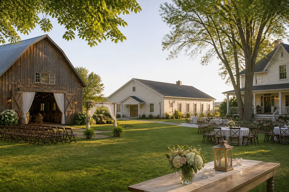 Several charming, affordable wedding venue options arranged across a scenic rural Minnesota landscape.