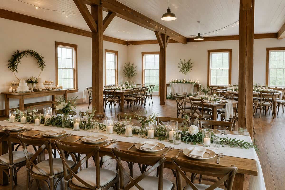 A warmly lit wedding reception venue with simple elegant decorations, arranged tables, and an open space for guests.