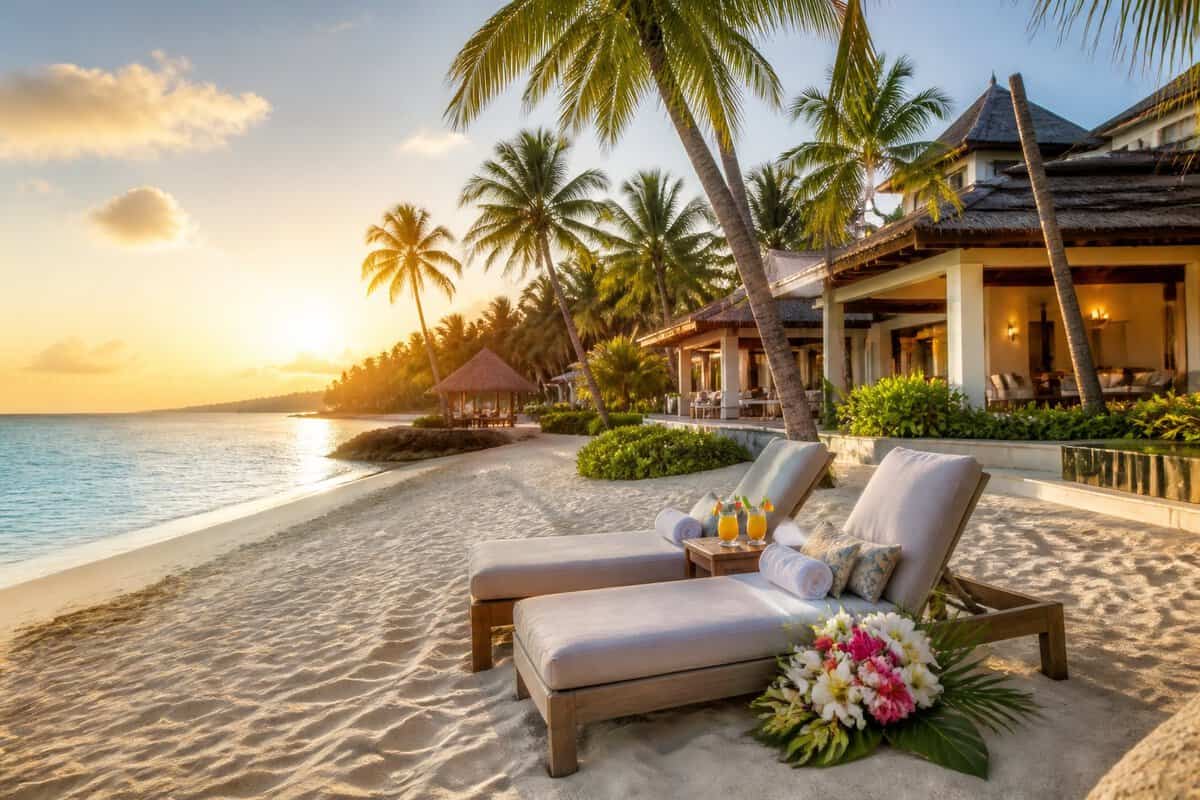 A luxurious tropical beach resort with white sand, turquoise water, palm trees, and two lounge chairs prepared for a romantic getaway.