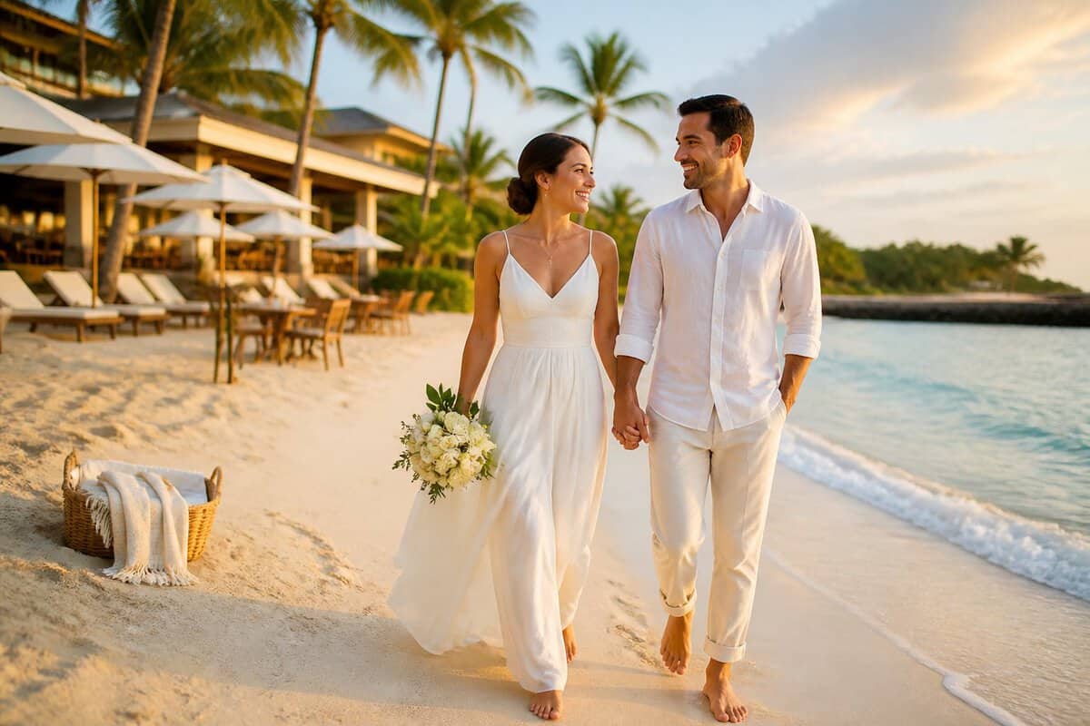 Newlywed couple walking hand in hand along a tropical beach beside an all-inclusive resort.