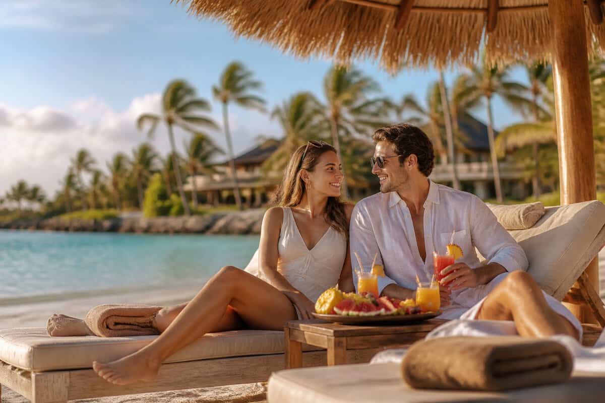 A newlywed couple relaxes together on loungers at a tropical beach resort.