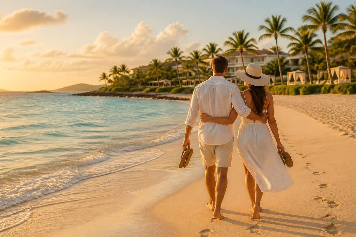 A newlywed couple walks along a tropical beach beside a luxurious resort at sunset.