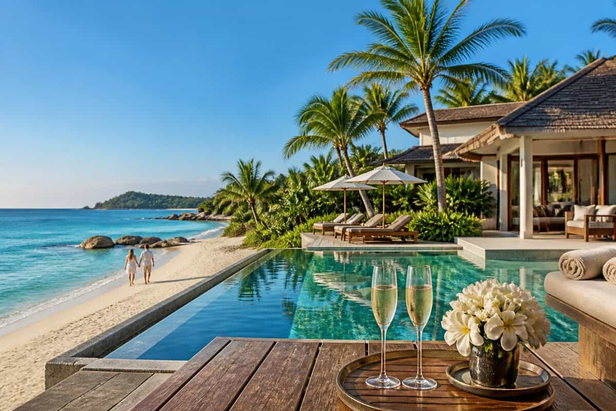 A luxurious tropical beach resort with an infinity pool, palm trees, and a romantic beachfront setting.