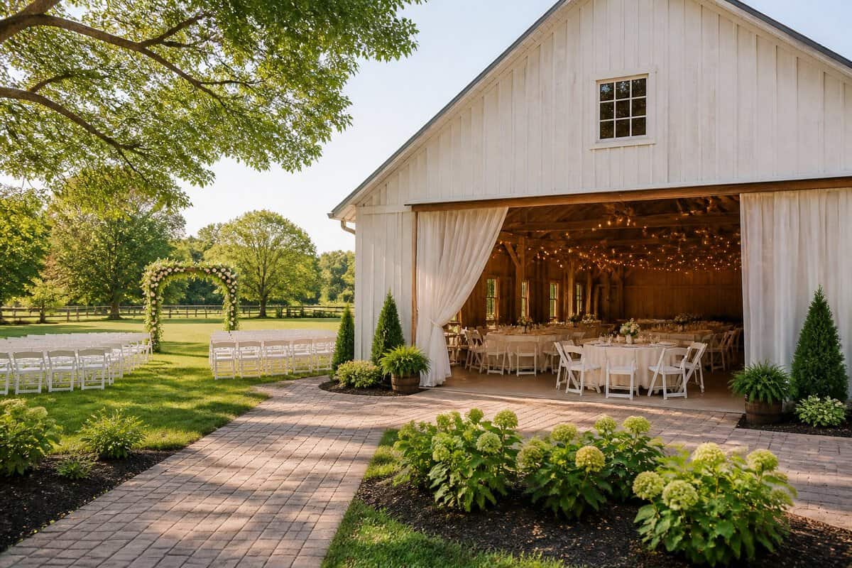 A simple outdoor wedding ceremony setup beside a charming venue surrounded by green trees and gardens.