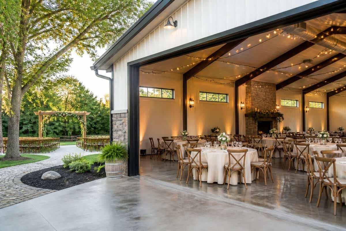 An elegant, modest wedding venue with simple floral centerpieces, warm lights, and a landscaped outdoor setting.