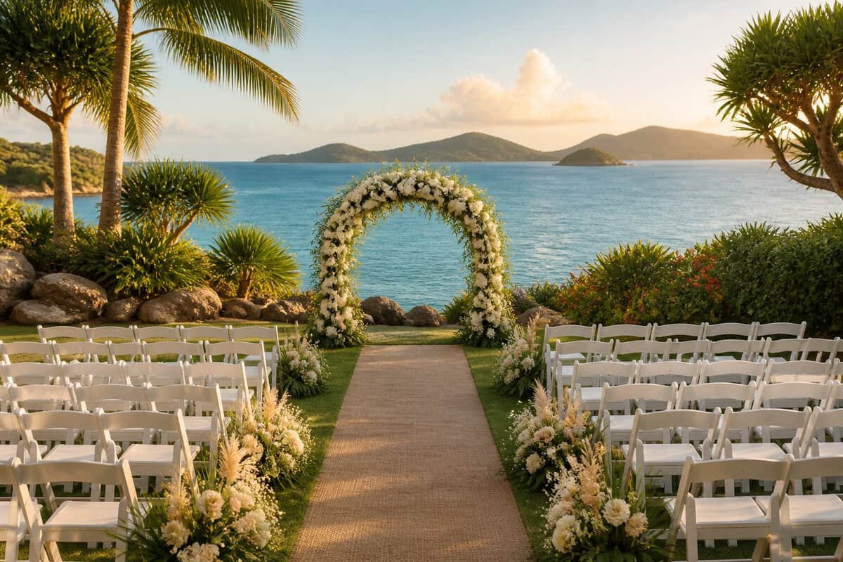 A tropical wedding ceremony venue overlooking turquoise water and distant islands.