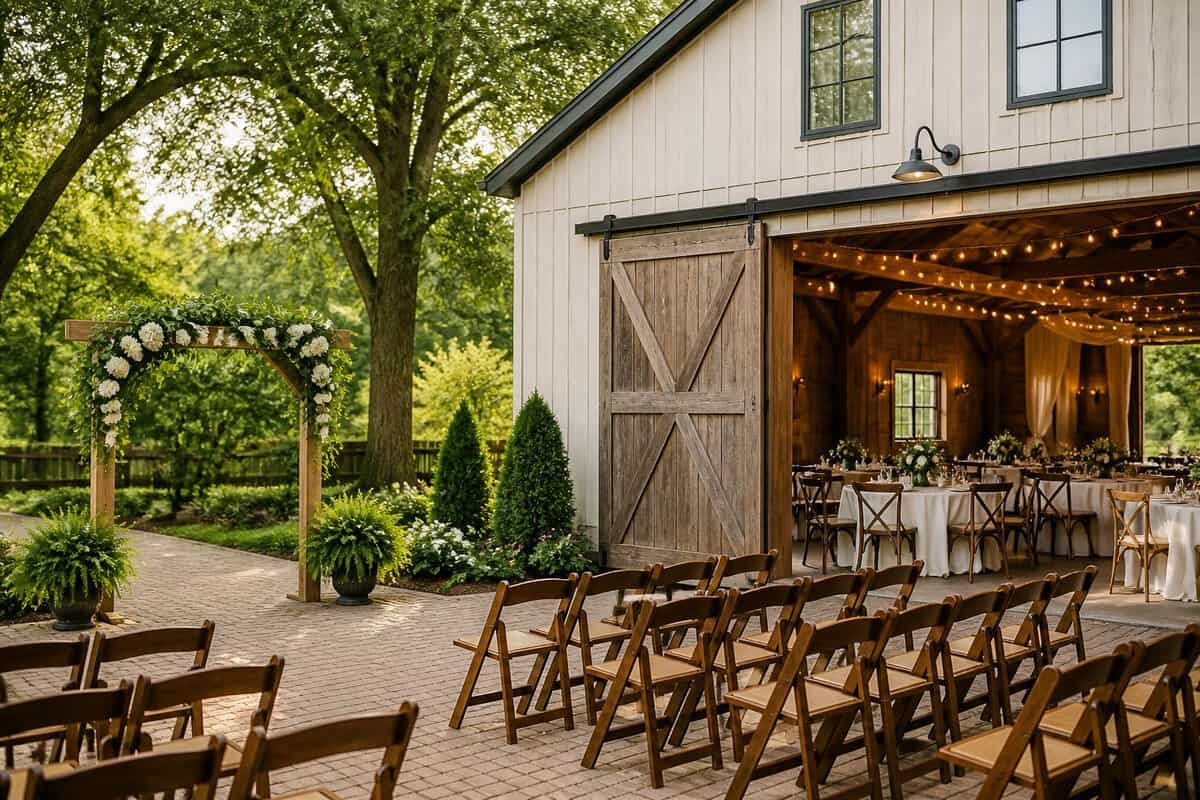A modest outdoor wedding ceremony setup beside a charming venue surrounded by trees and greenery.