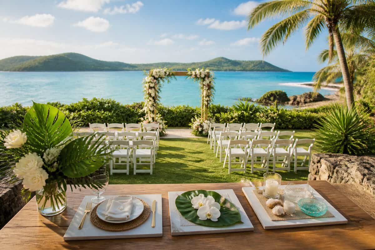 An elegant outdoor wedding setup overlooking turquoise water, tropical islands, and lush coastal gardens.