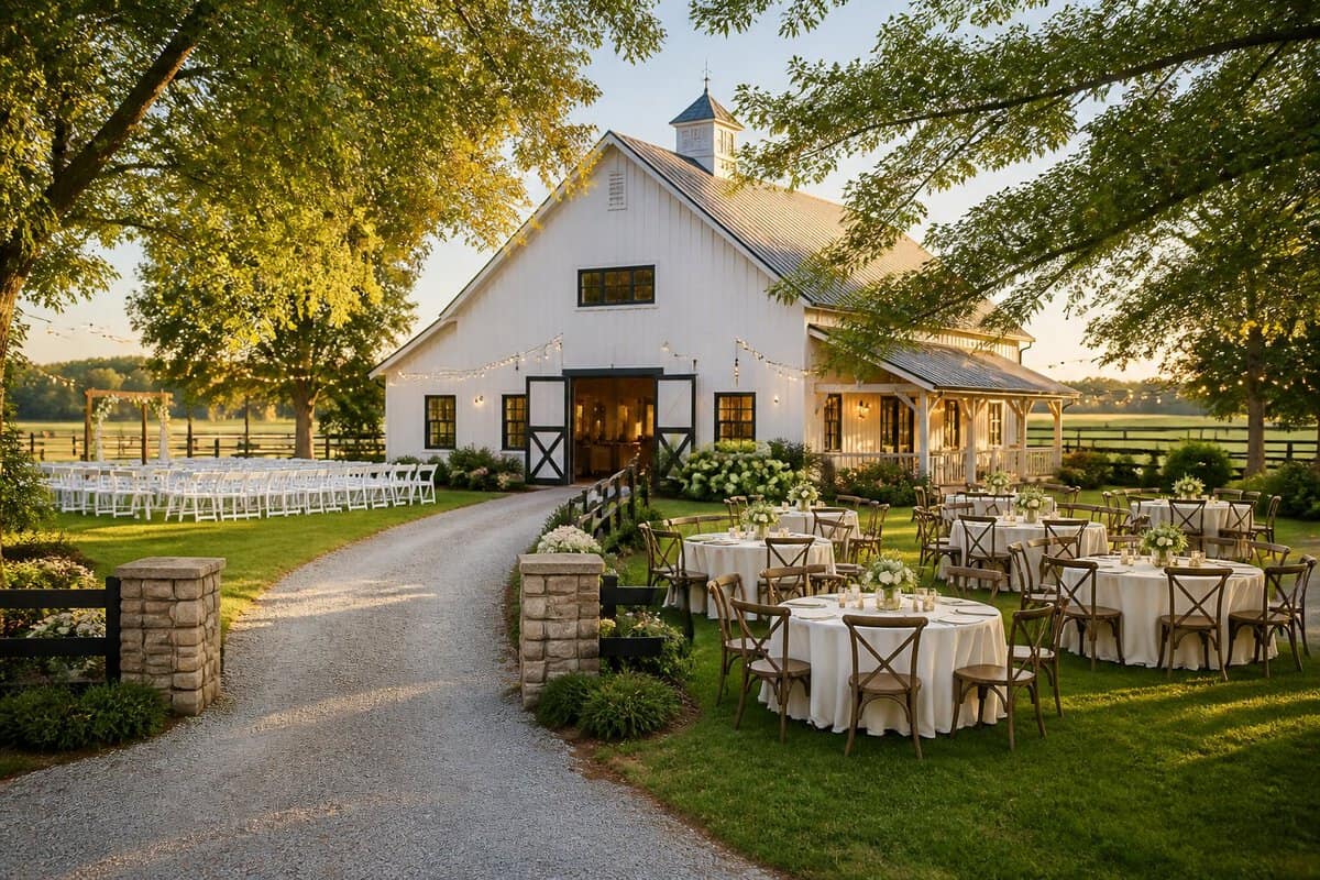 A charming countryside wedding venue with a lawn, simple ceremony chairs, and an outdoor reception setup.