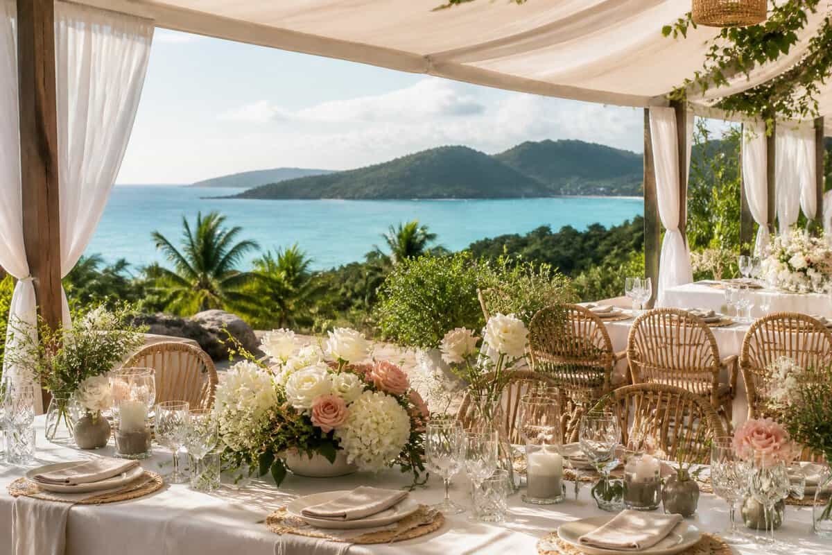 Elegant outdoor wedding reception overlooking a tropical coastline and turquoise sea.