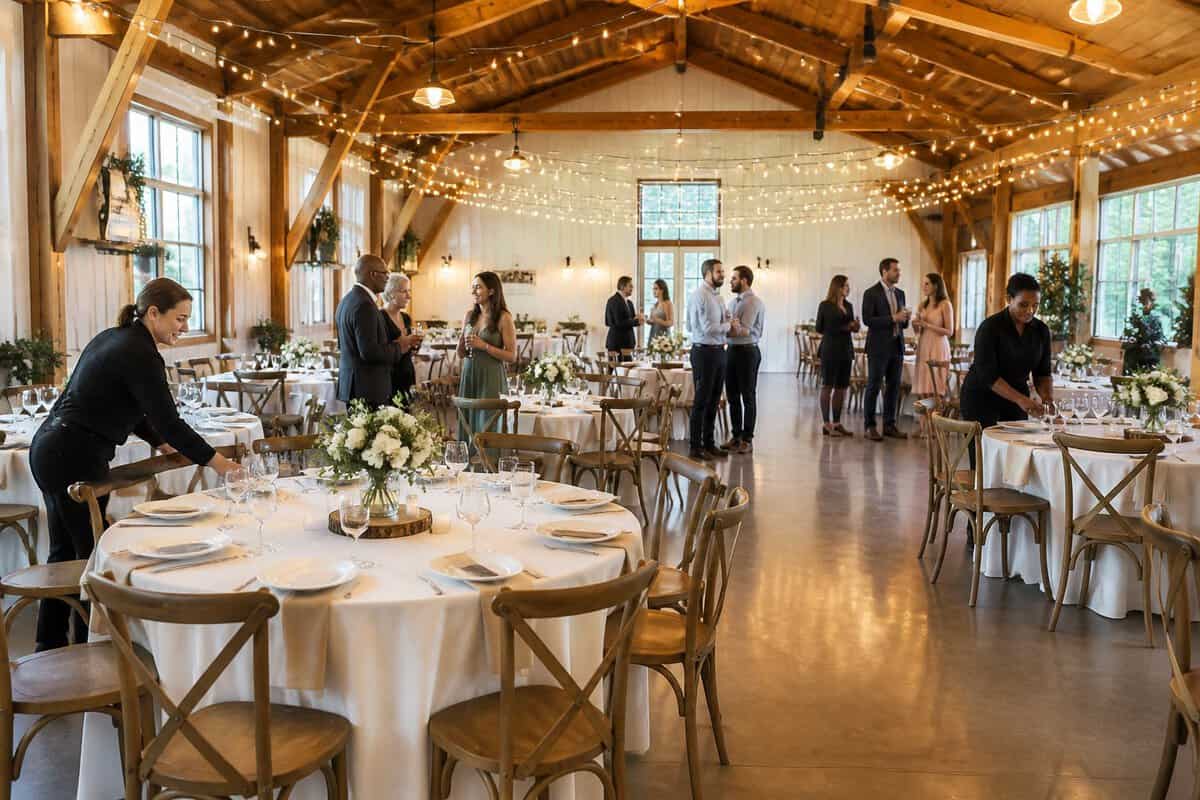 Guests gather in a warmly decorated wedding venue with flexible seating and simple floral centerpieces.