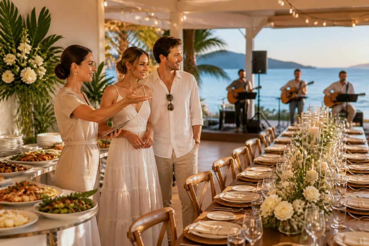 A couple and wedding coordinator review a tropical waterfront reception setup with dining tables and a small live music area.