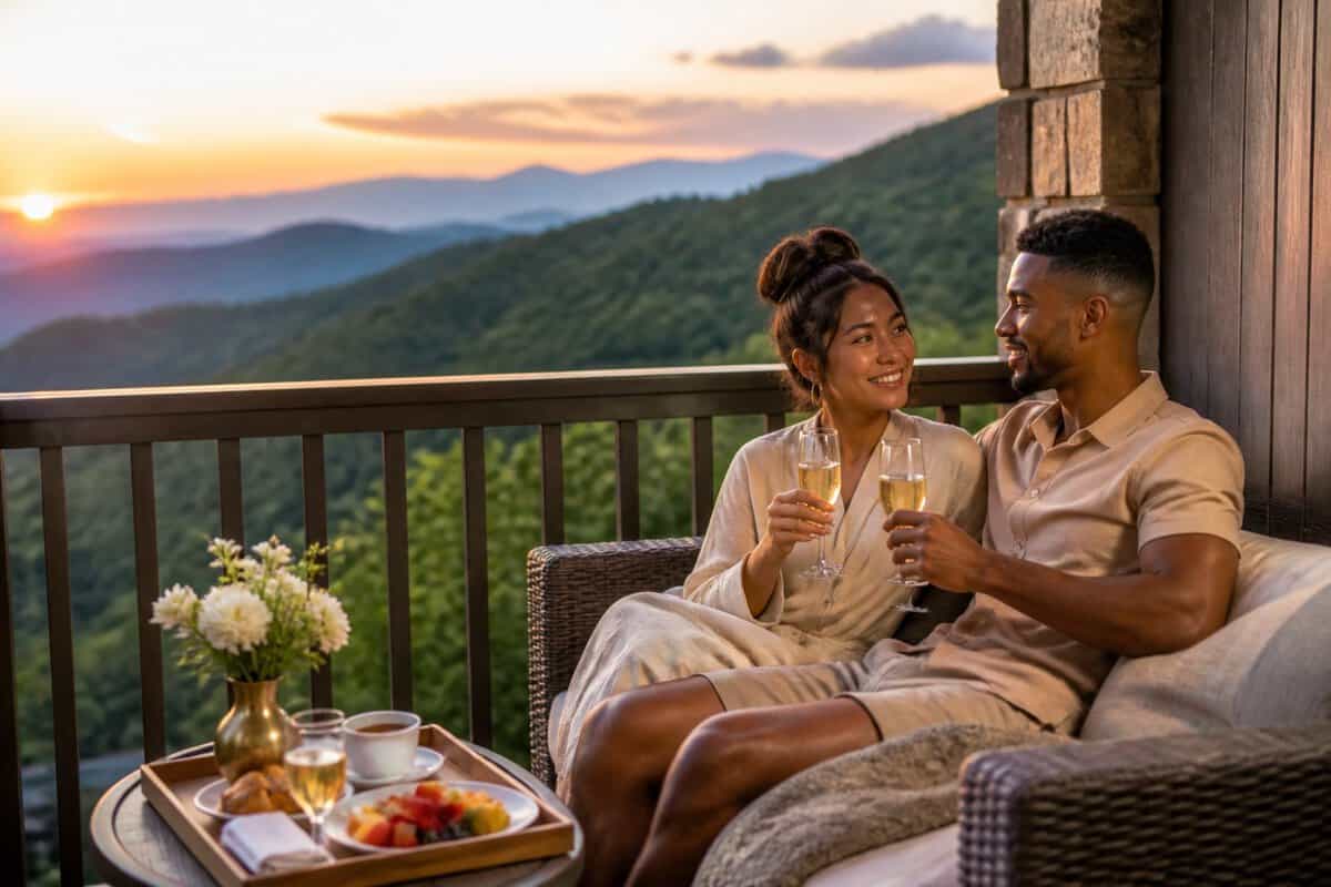Newlywed couple relaxing on a resort balcony overlooking the Smoky Mountains.