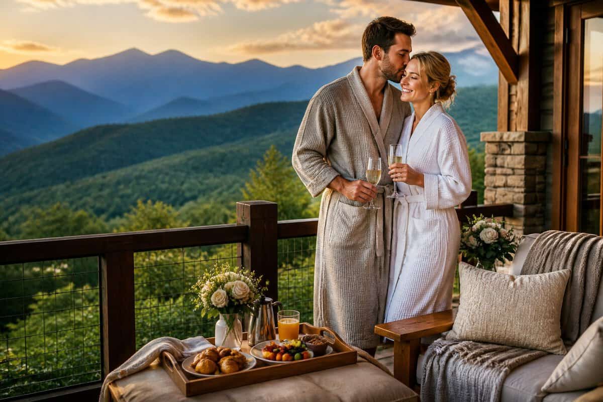 Newlywed couple enjoying breakfast on a mountain lodge balcony overlooking the Great Smoky Mountains.