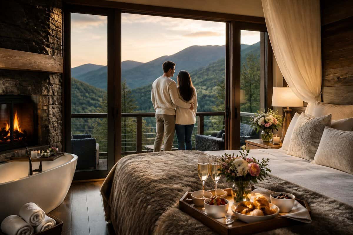 Newlywed couple relaxing in a cozy mountain resort suite overlooking the Smoky Mountains.
