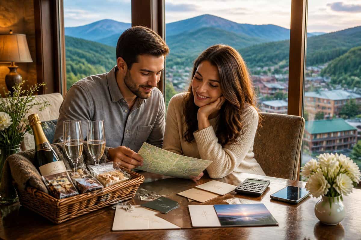 A honeymoon couple compares resort amenities at a table overlooking the Smoky Mountains.