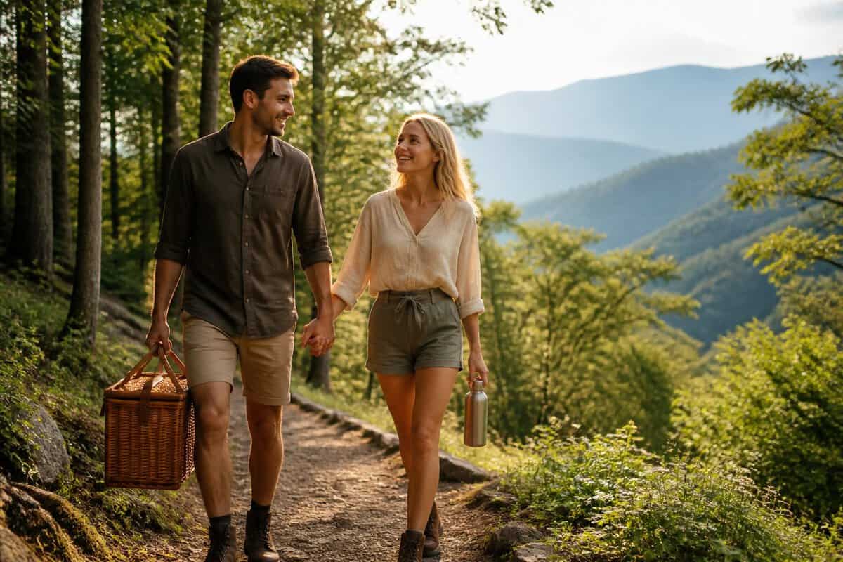 Newlywed couple holding hands on a scenic mountain trail near Gatlinburg.