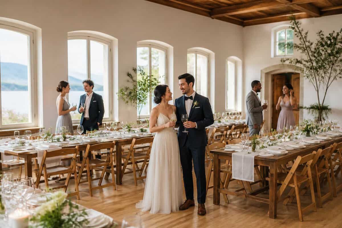 A couple and guests celebrate at a simply decorated wedding venue near Lake Zurich.