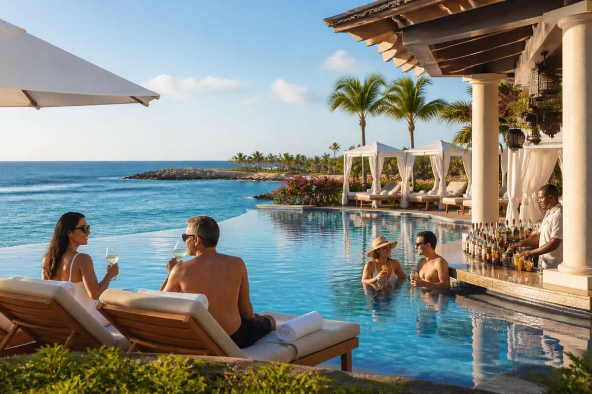 Adults relaxing beside an elegant tropical resort pool overlooking the ocean.
