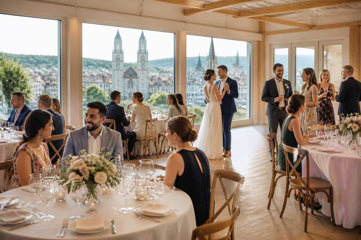 An intimate wedding reception in an elegant Zurich venue with simple floral centerpieces and guests mingling.