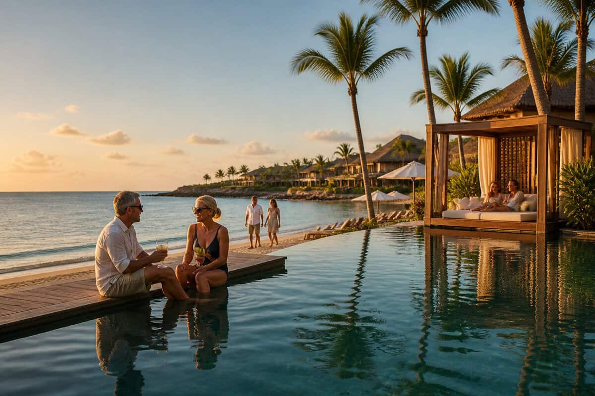 Adults relaxing at a luxurious tropical resort beside an infinity pool and beach.