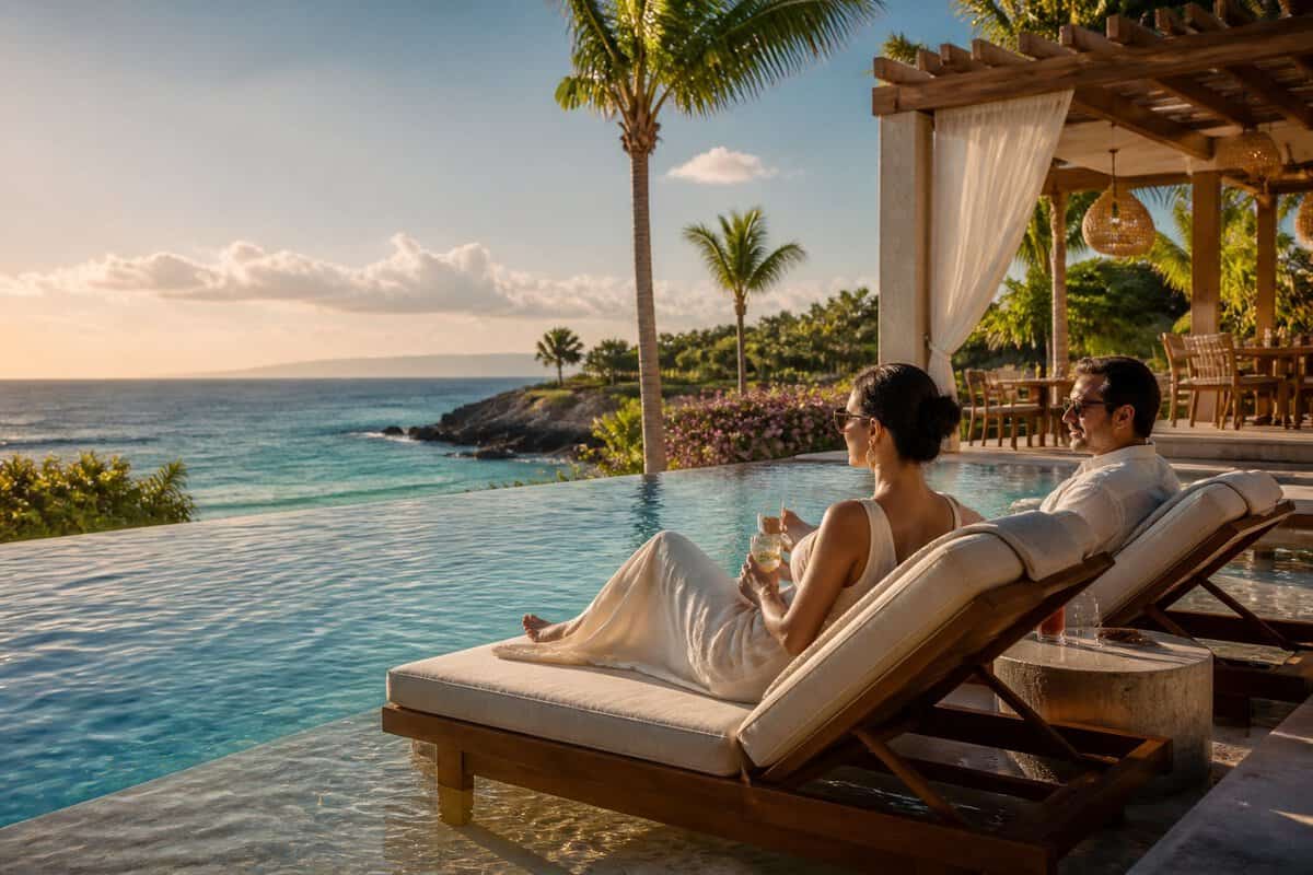 Adults relaxing beside an infinity pool at a tropical all-inclusive resort overlooking the ocean.