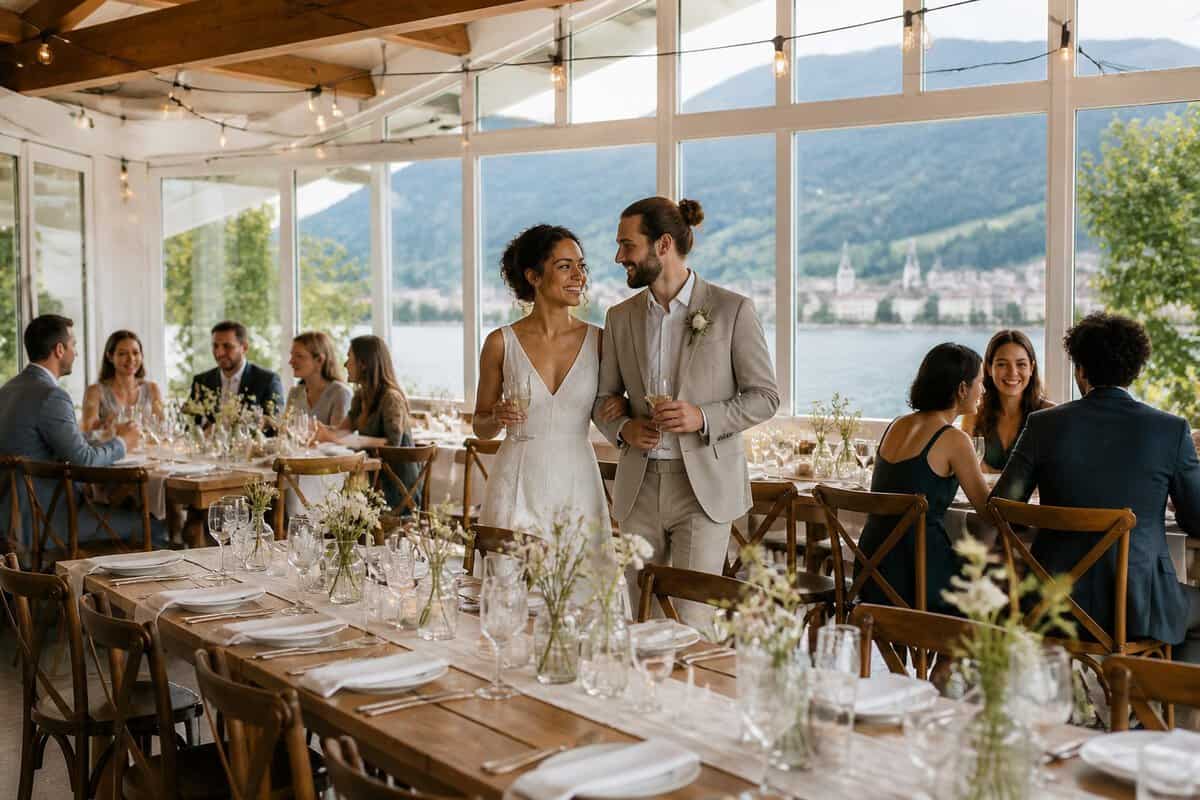 A couple and guests celebrating in an affordable decorated wedding venue with a scenic Swiss backdrop.