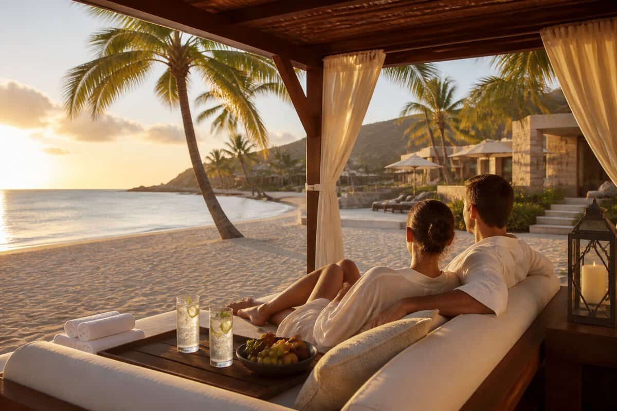 A couple relaxes beneath a beachfront cabana at a luxurious tropical adults-only resort.