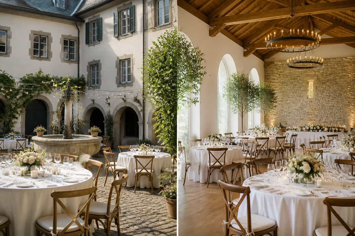 Wedding reception spaces with different layouts and decorations.