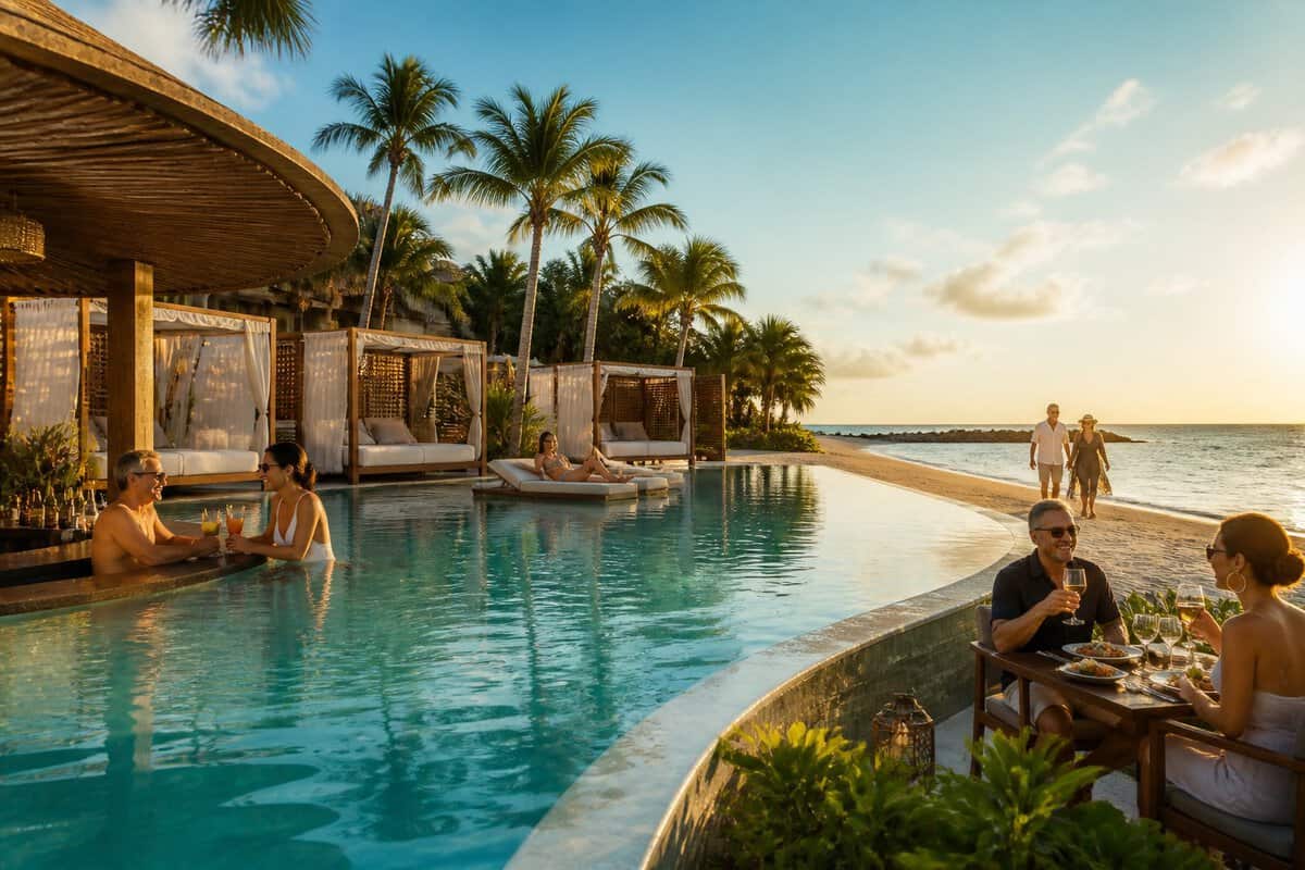 Adults relax at a tropical beachfront resort with a pool, cabanas, and palm trees.