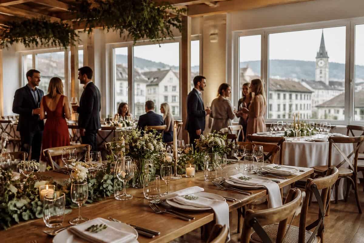 An elegant, modest wedding reception inside a charming Zurich venue with simply decorated tables and guests mingling.