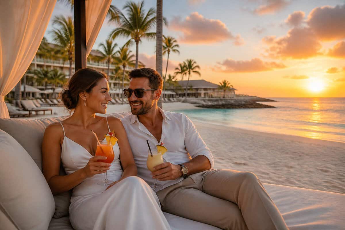A newlywed couple relaxes on a sunny Aruba beach beside turquoise water and a luxury resort.