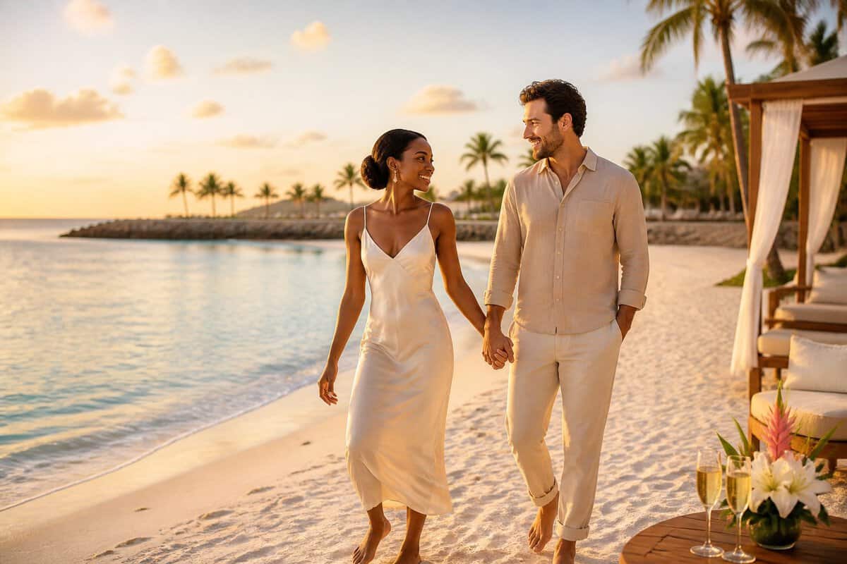A newlywed couple walks hand in hand along a white-sand beach beside turquoise water at sunset.