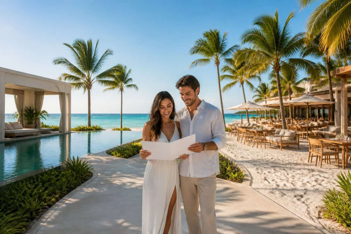 A newlywed couple compares resort options beside a luxurious beachfront resort in Aruba.