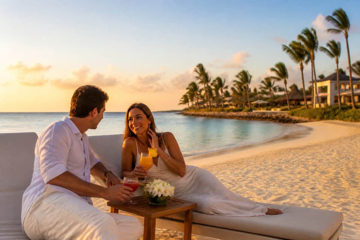 A newlywed couple relaxing together on a beautiful Aruba beach beside turquoise water and palm trees.