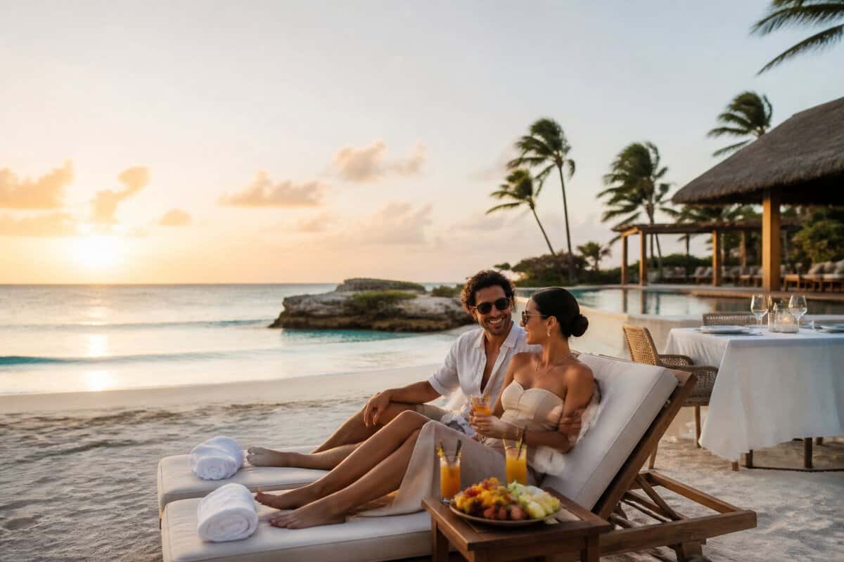 Newlywed couple relaxing at a luxury beachfront resort in Aruba.