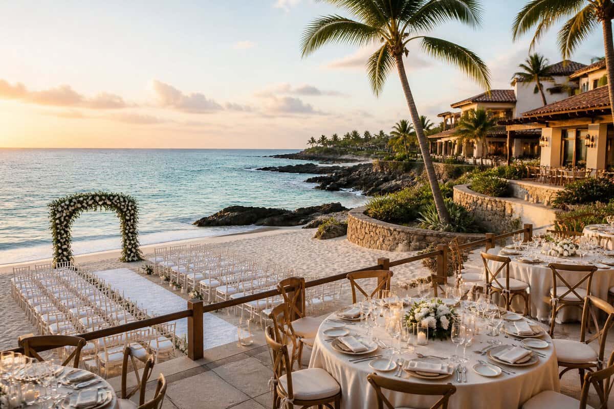 A decorated beach wedding ceremony and reception area at a tropical seaside resort.