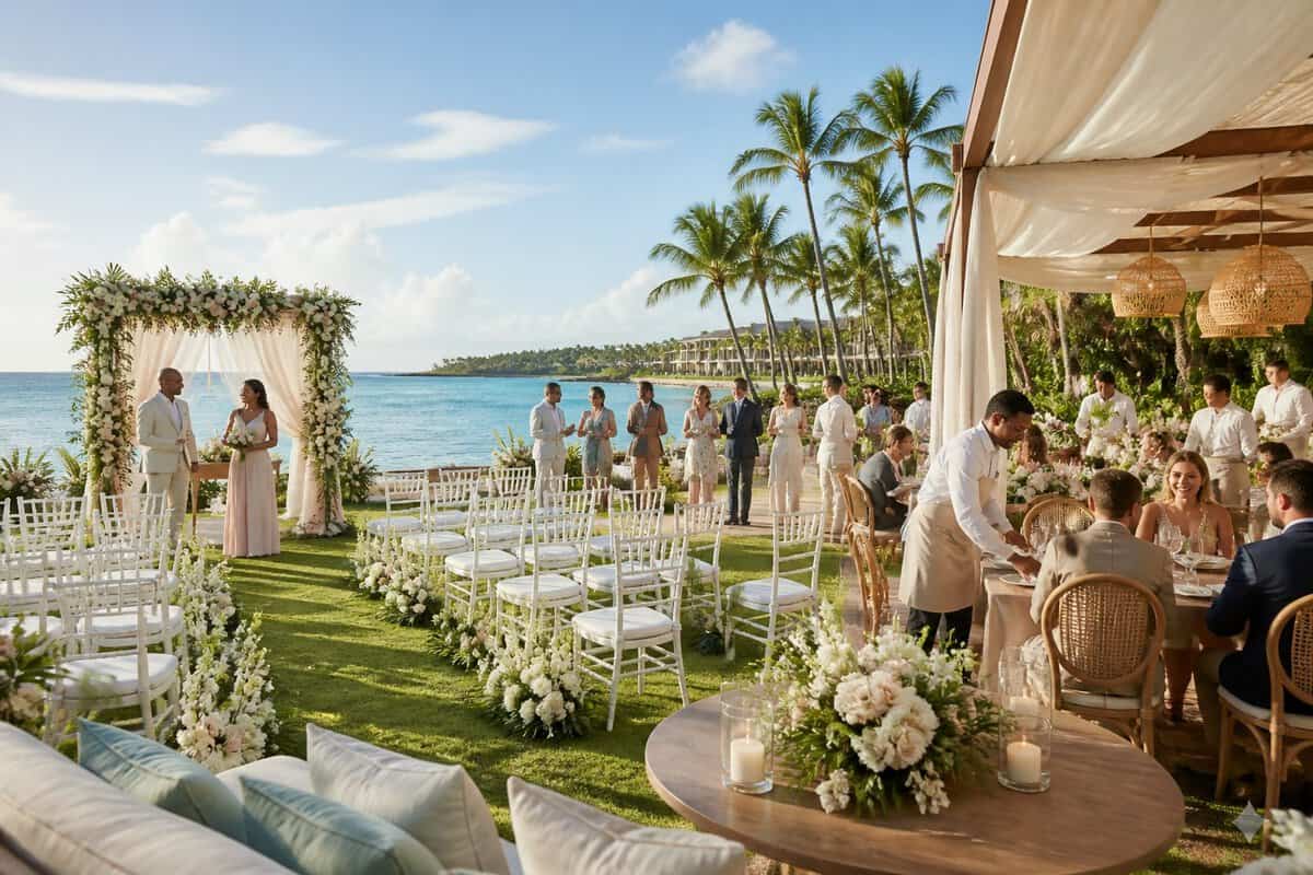 An elegant outdoor destination wedding ceremony and reception at a tropical all-inclusive resort.
