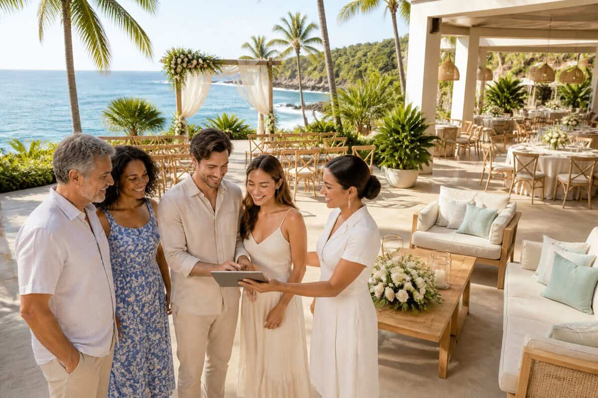 A couple discusses an outdoor destination wedding setting with guests at a tropical resort overlooking the ocean.