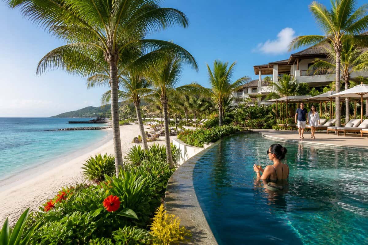 Adults relaxing at a luxury beachfront resort in Jamaica with turquoise water, palm trees, and a white sandy beach.