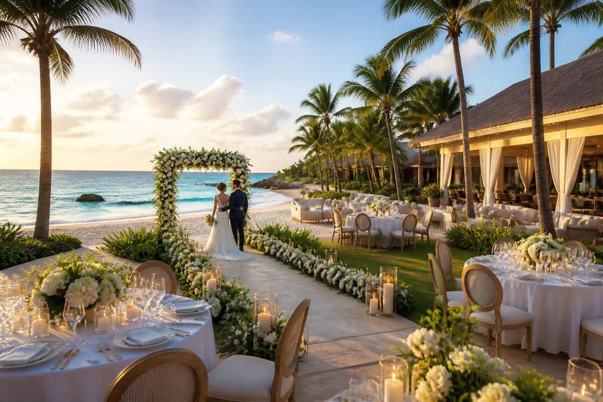 A newlywed couple stands beside an elegant beachfront wedding setup at a tropical resort.