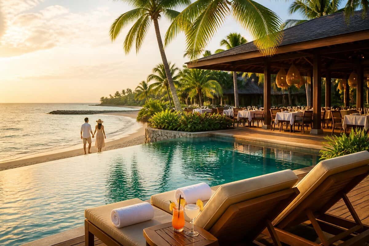A tropical adults-only resort with an infinity pool, palm trees, and a couple relaxing beside the Caribbean Sea.