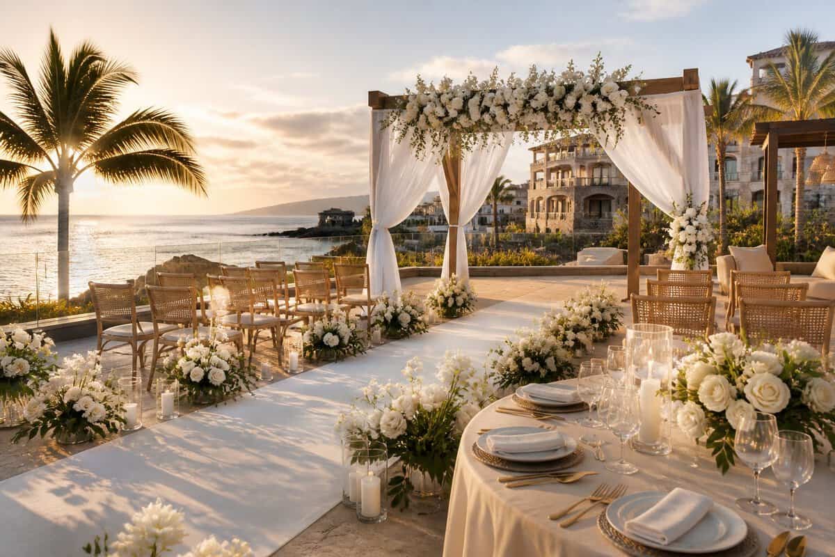An elegant beachfront wedding ceremony setup at a tropical resort with flowers, ocean views, and palm trees.