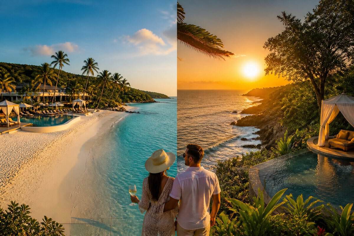 Two adults relax at a luxurious Jamaican beach resort between a calm sandy beach and a lush rocky coastline.