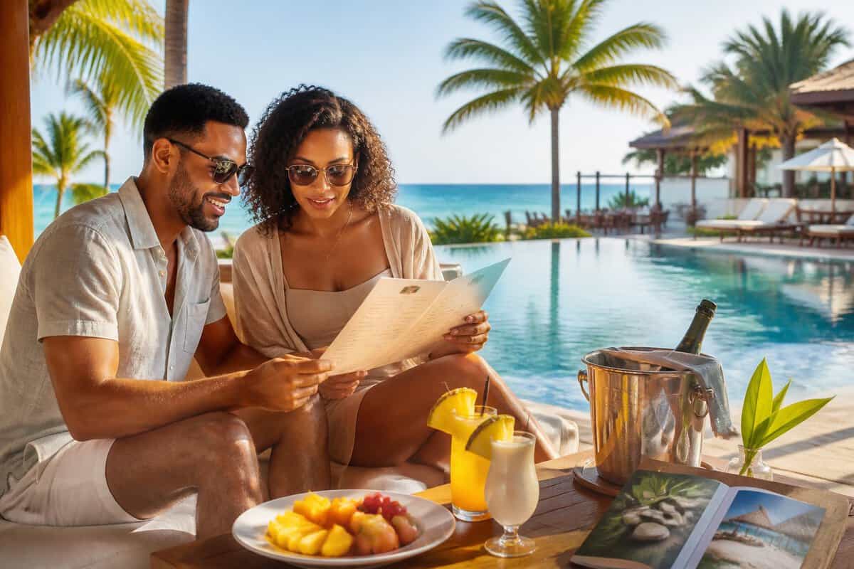 Two adults review resort amenities beside an infinity pool overlooking the Jamaican coast, with drinks, fruit, and optional luxury services nearby.