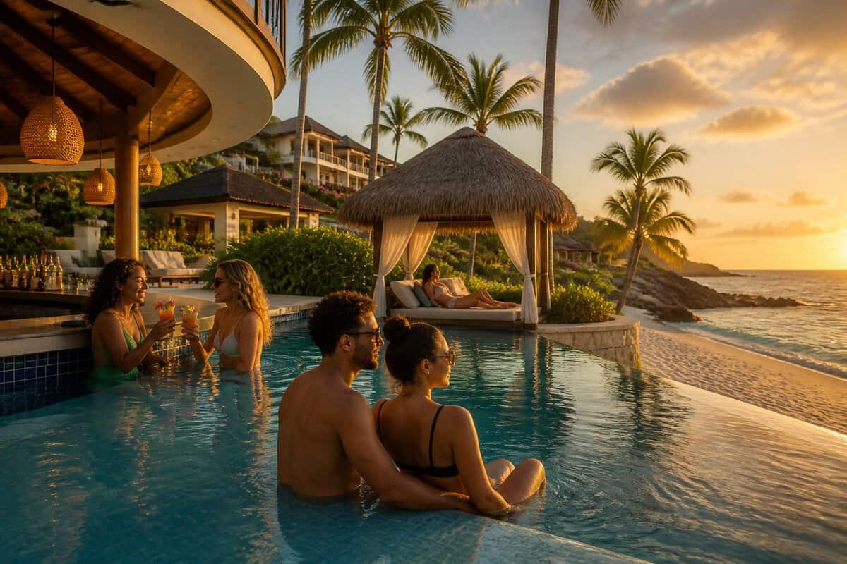 Adults relaxing at a luxurious beachfront resort in Jamaica with a pool, palm trees, and turquoise Caribbean water.